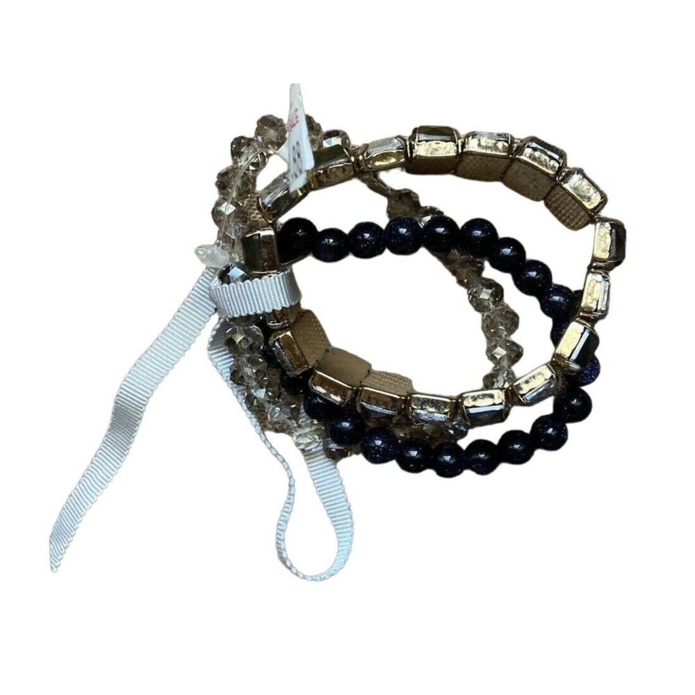 LOFT 3 strands of bracelet Beaded Jeweled Black Silver Clear boho Casual stretch